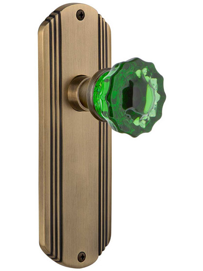 Streamline Deco Door Set with Colored Fluted Crystal Glass Knobs Emerald in Antique Brass.